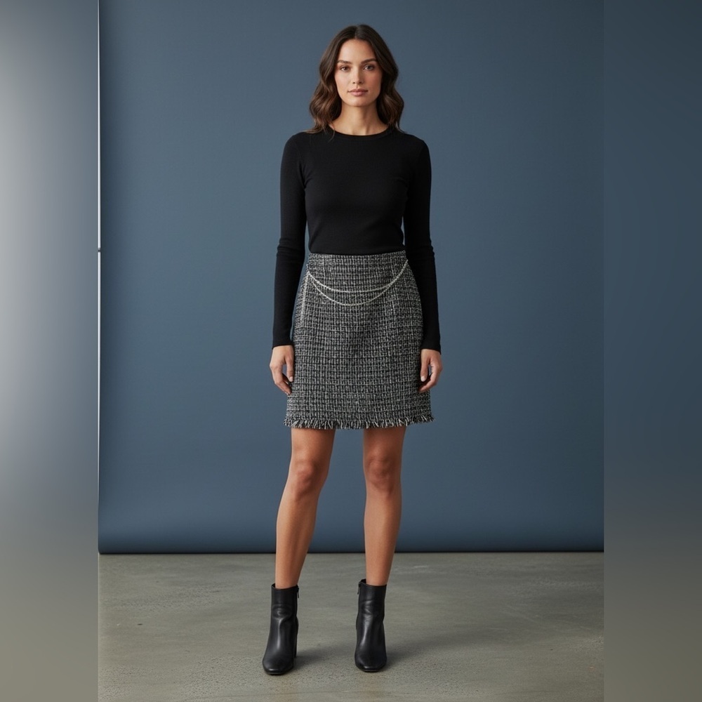 Elegant Black and White Tweed Pencil Skirt